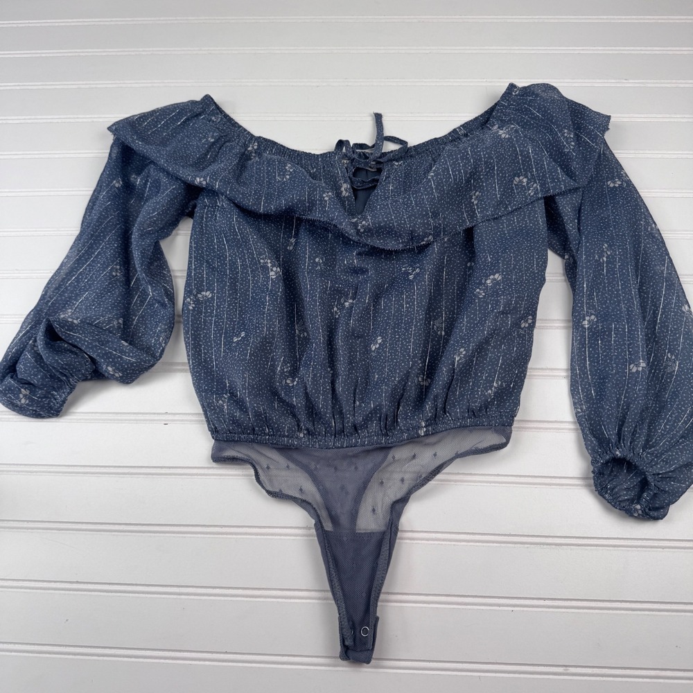 Abercrombie & Fitch Women's XS Off the Shoulder Bodysuit Blue Ruffle Necklin